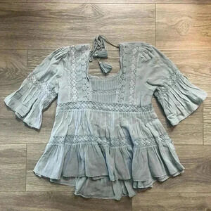 Free People Light Blue Peasant Top with Lace Accents and Tassel Tie Size XS